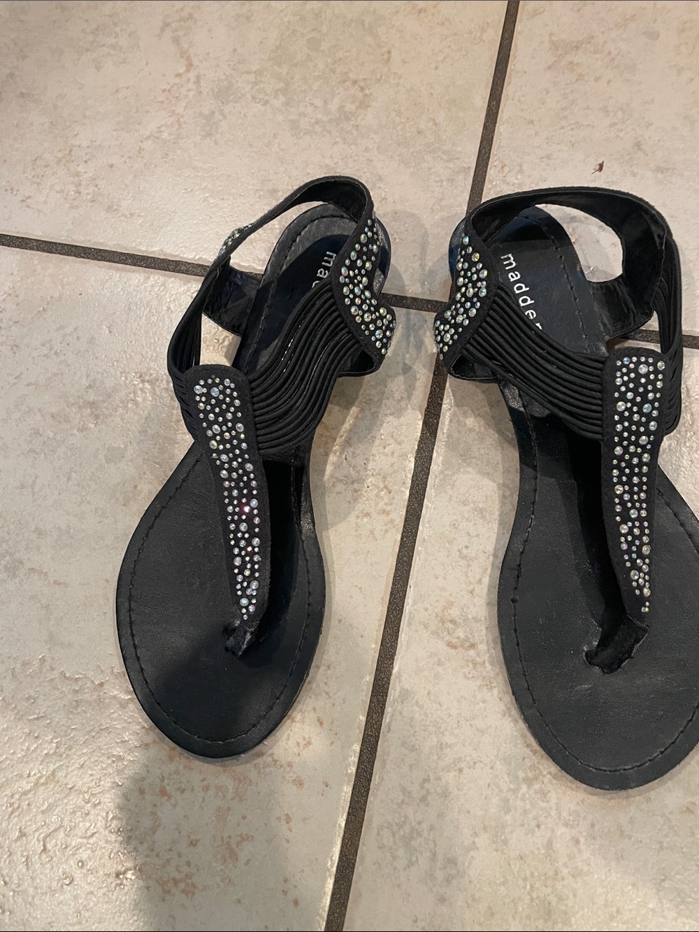 Madden Girl Black Rhinestone T-Strap Sandals with Elastic Side Panels